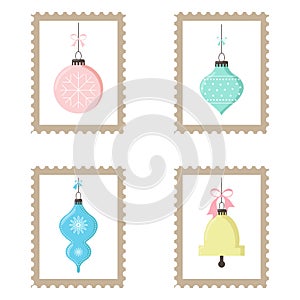 Christmas postage stamps for envelopes, letters and postcards. Set of Christmas stamps with Christmas tree toys. Happy New Year!